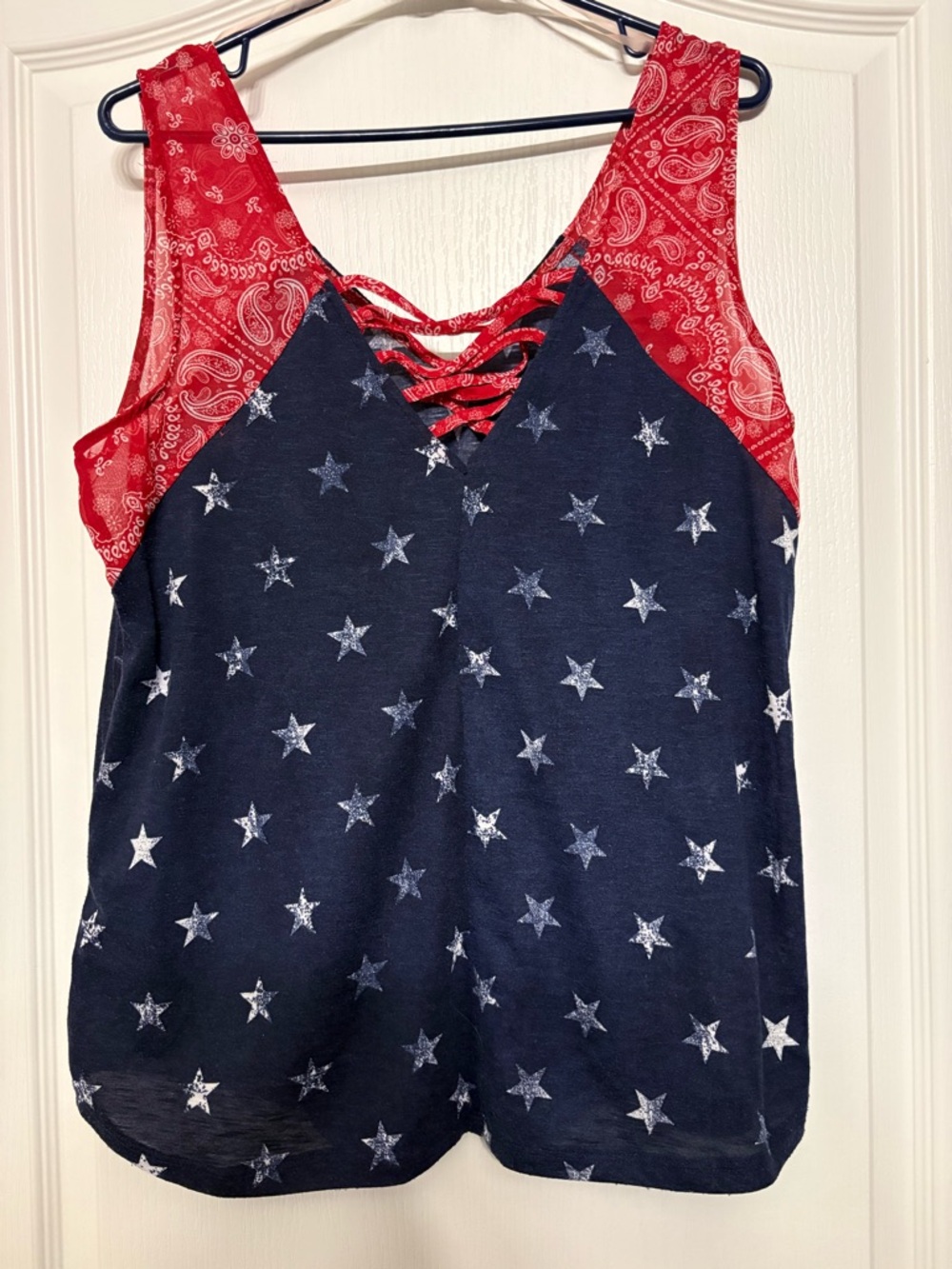 Signature Studio Navy Star Print Tank Top with Red Bandana Trim - Picture 4 of 6